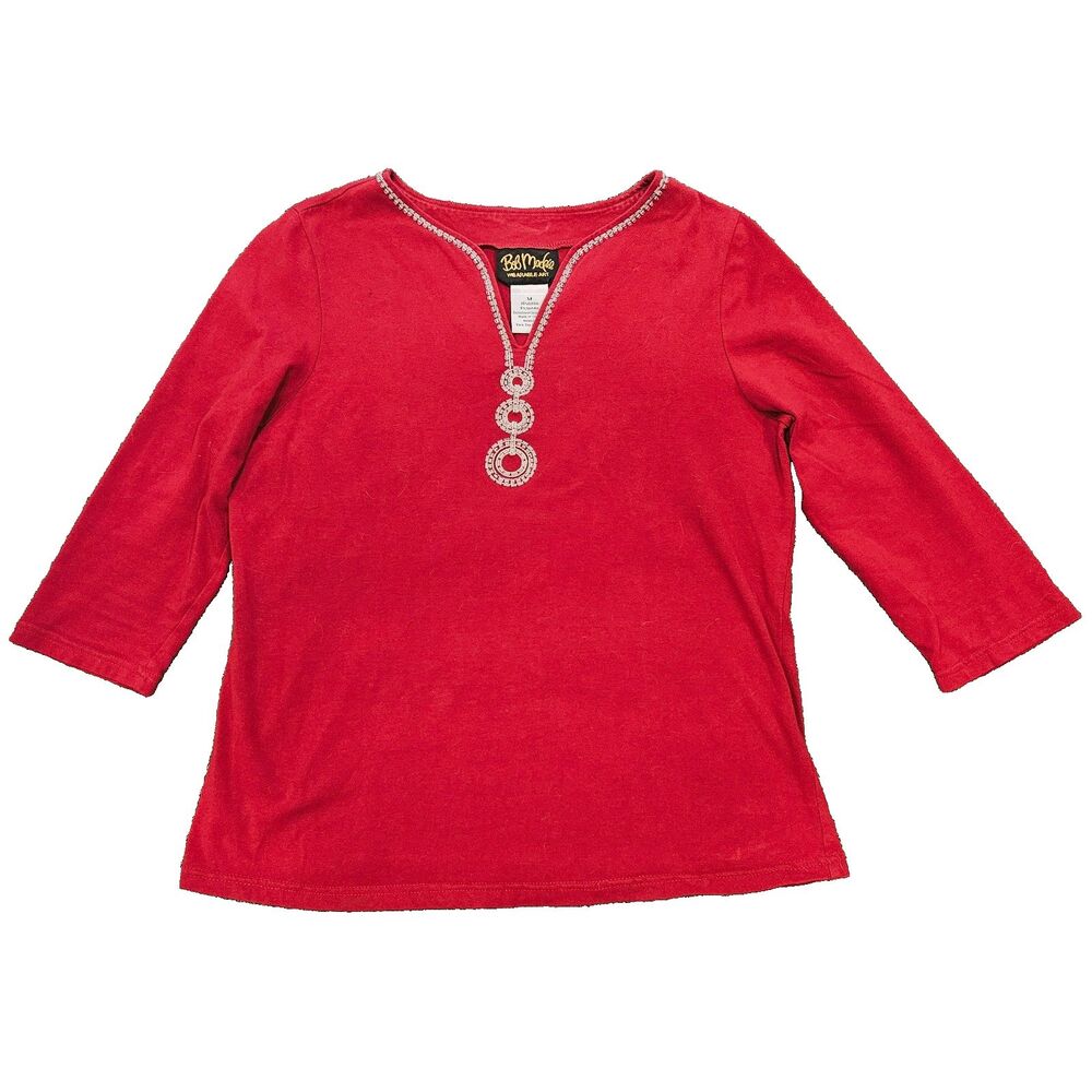 Bob Mackie Wearable Art Top Women Sz M Red with Gold Beading Bling Holiday